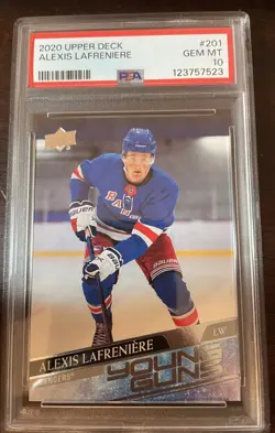 2020 Upper Deck #201 Alexis Lafreniere Young Guns Rookie Card NY Rangers PSA 10 - Image 1