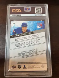 2020 Upper Deck #201 Alexis Lafreniere Young Guns Rookie Card NY Rangers PSA 10 - Image 2