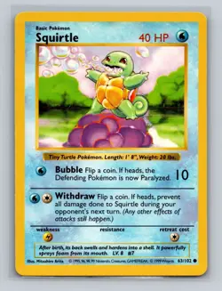Squirtle Shadowless 63/102 Ungraded Base Set Pokemon 1999 LP-MP - Image 1