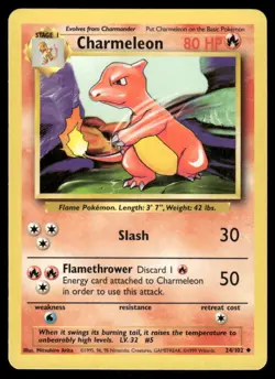 Pokemon Cards Charmeleon 24/102 Base Set Unlimited WOTC Uncommon LP *2 - Image 1
