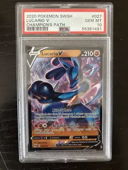 2020 POKEMON SWORD & SHIELD CHAMP'S PATH #027 LUCARIO V PSA 10 - Image 1
