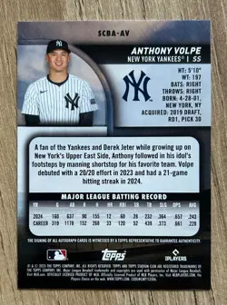 2025 Stadium Club Anthony Volpe On Card Auto Yellow #SCBA-AV New York Yankees - Image 2