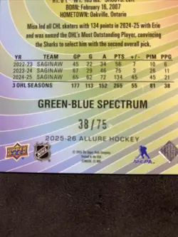 Michael Misa 2025-26 UD Allure RC Color Flow Green-Blue Spectrum /75 - Sharks - Image 3