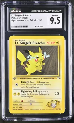 CGC 9.5 MINT+ Lt. Surge's Pikachu Gym Heroes 1st Edition 81/132 Pokemon Card - Image 1