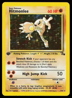 Hitmonlee 7/62 1st Edition Holo Rare Fossil Pokemon Card - Image 1