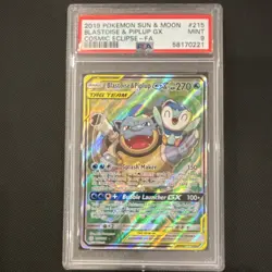 Pokemon Blastoise & Piplup GX Ultra Rare Full Art Cosmic Eclipse PSA 9 2019 - Image 1