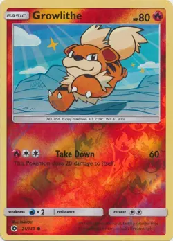 Growlithe 2017 Sun & Moon Reverse Holo Pokemon Card 21/149 (NM) - Image 1