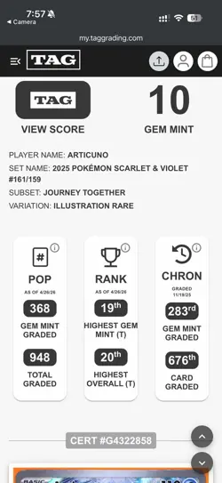 Articuno 161 TAG 10 2025 Pokemon JTG EN Illustration Rare - Image 3