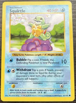 Squirtle 063/102 Pokemon TCG WOTC Base Set Shadowless Common Light Play LP - Image 1