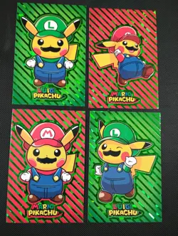 Pokemon 2024 Card Database Christmas Set Mario Luigi Pikachu 4x Green Strip Holo - Image 1