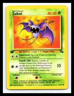 💥 Zubat 57/62 1st Edition Stamp Fossil Rare Non Holo Foil Pokemon Card 1999 - Image 1