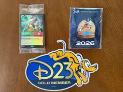 2026 Disney D23 MAD HATTER Gold Member Exclusive Card, Mickey Pin, Pluto Magnet - Image 1