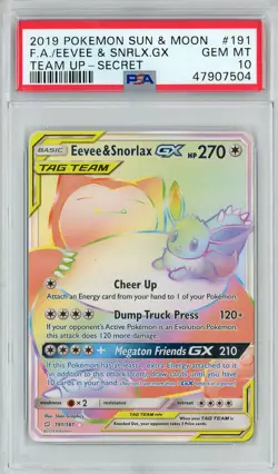 2019 Pokemon Team Up Rainbow Rare Eevee Snorlax #191 PSA 10 - Image 1