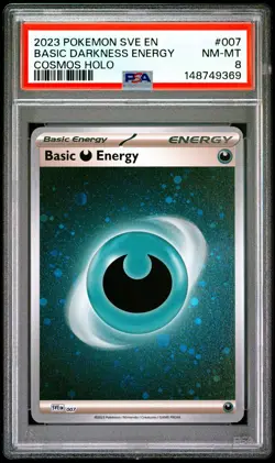 2023 POKEMON SVE EN-BASIC ENERGIES COSMOS HOLO #007 BASIC DARKNESS ENERGY PSA 8 - Image 1