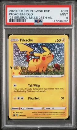 2020 POKEMON SWSH PROMO GENERAL MILLS 25TH ANNIVERSARY #039 PIKACHU-HOLO PSA 9 - Image 1
