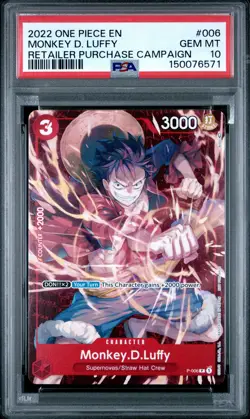 2022 ONE PIECE PROMOS RETAILER PURCHASE CAMPAIGN #006 MONKEY D. LUFFY PSA 10 - Image 1