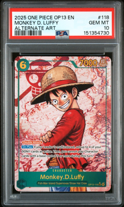 2025 ONE PIECE MONKEY D. LUFFY ALT. ART OP13-CARRYING ON HIS WILL #118 PSA 10 - Image 1