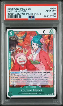 2026 ONE PIECE TOURNAMENT PACK VOL.1 #028 KOZUKI HIYORI PSA 10 - Image 1