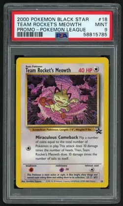 2000 POKEMON TEAM ROCKET'S MEOWTH PROMO-POKEMON LEAGUE BLACK STAR #18 PSA 9 - Image 1