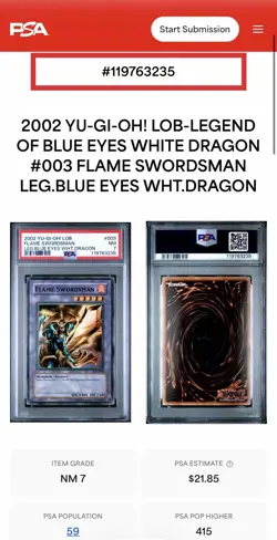 Konami Flame Swordsman LOB-003 Blue Eyes Super Rare PSA 7 Unlimited - Image 3