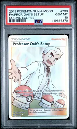2019 POKEMON SUN & MOON COSMIC ECLIPSE FULL ART/PROFESSOR OAK'S SETUP PSA 10 - Image 1
