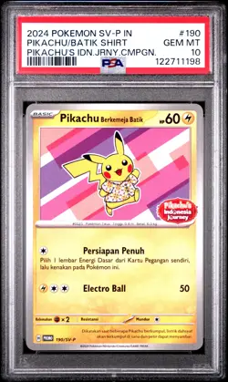 2024 POKEMON INDONESIAN SV-P PROMO #190 PIKACHU IN BATIK SHIRT PSA 10 - Image 1