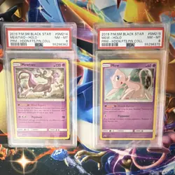 Pokemon Black Star Promo 2019 Mewtwo Holo SM214 Mew Holo SM215 PSA 8 Lot - Image 1