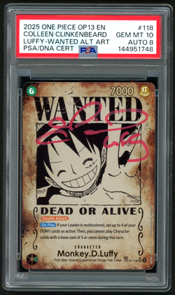 ONE PIECE MONKEY D. LUFFY OP13 WANTED SIGNED-COLLEEN CLINKENBEARD PSA 10/AUTO 8 - Image 1