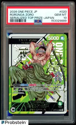 2026 One Piece Japanese Serialized Top PrIze Japan #020 Roronoa Zoro PSA 10 - Image 1