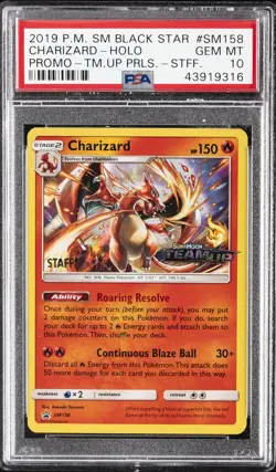 2019 POKEMON SM BLACK STAR PROMO TEAM UP PRERELEASE-STAFF CHARIZARD-HOLO PSA 10 - Image 1