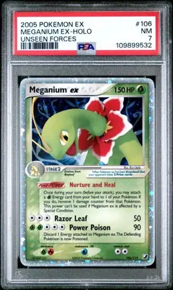 2005 POKEMON EX UNSEEN FORCES #106/115 MEGANIUM EX HOLO PSA 7 - Image 1