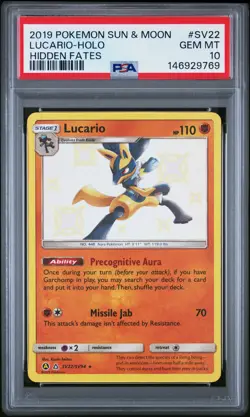 2019 POKEMON SUN & MOON HIDDEN FATES #SV22 LUCARIO-HOLO PSA 10 - Image 1