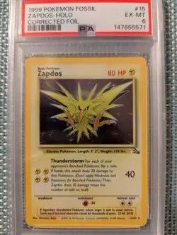 1999 Pokemon Fossil Unlimited Zapdos Holo PSA 6 - Image 1