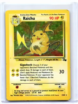 1999 Pokemon—Raichu #14/62 Fossil—Holo Rare [Damaged] - Image 1