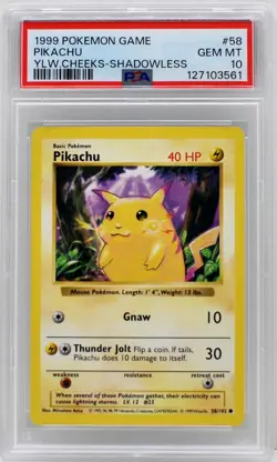 Pokemon Base Set Shadowless Pikachu 58/102 PSA 10 Gem Mint - Image 3