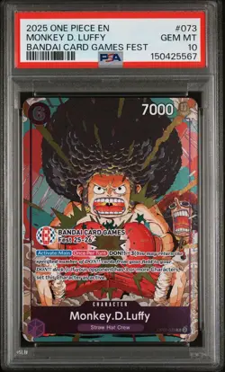 2025 ONE PIECE OP07-073 BANDAI CARD GAMES FEST 25-26 MONKEY D LUFFY PROMO PSA 10 - Image 1