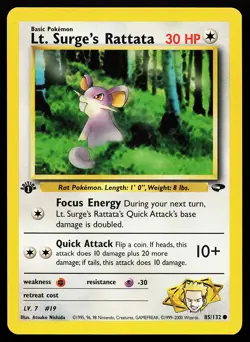 Lt. Surge's Rattata 85/132 Common 1st Edition Gym Challenge Pokemon Card - Image 1