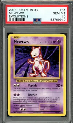 2016 Pokemon XY Evolutions 51 Non-Holo Rare Mewtwo PSA 10 GEM MINT - Image 1