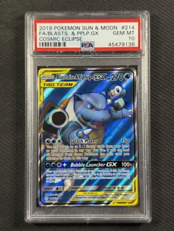 Pokemon Cards TCG PSA 10 Blastoise & Piplup Gx Cosmic Eclipse Tag Team 214/236 - Image 1