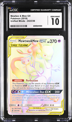 CGC 10 Mewtwo & Mew GX 242/236 Pokemon Unified Minds Rainbow Rare - Image 1