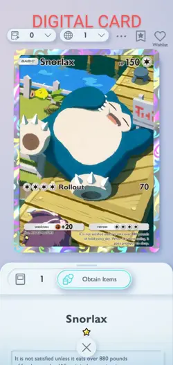 Pokemon Pocket Mobile Game Genetic Apex Set Snorlax ☆ Rare Digital Trade Card - Image 1