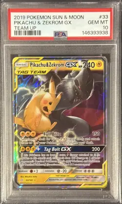 2019 POKEMON SUN & MOON TEAM UP #33 PIKACHU & ZEKROM GX TEAM UP PSA 10 - Image 1