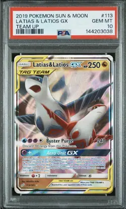 2019 POKEMON SUN & MOON TEAM UP #113 LATIAS & LATIOS GX PSA 10 - Image 1