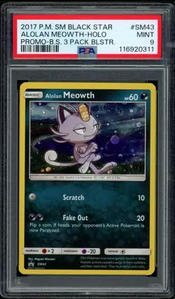 2017 Pokemon PSA 9 SM Alolan Meowth Black Star Promo SM43 BS Blister Card Swirl - Image 1