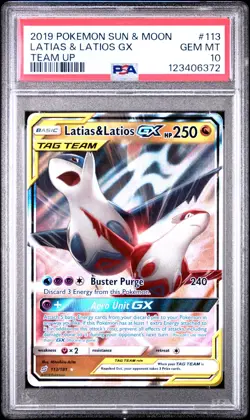 PSA 10 LATIAS & LATIOS GX 113 TEAM UP SUN & MOON POKEMON - Image 1