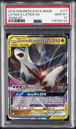 2019 POKEMON SUN & MOON TEAM UP #113 LATIAS & LATIOS GX PSA 10 - Image 1