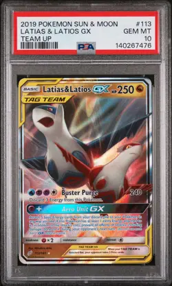 2019 POKEMON SUN & MOON TEAM UP #113 LATIAS & LATIOS GX PSA 10 - Image 1