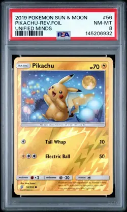Pokemon TCG 2019 Sun & Moon Unified Minds Pikachu Reverse Holo PSA 8 Near Mint - Image 1