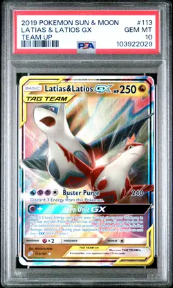 2019 POKEMON SUN & MOON TEAM UP #113 LATIAS & LATIOS GX PSA 10 - Image 1