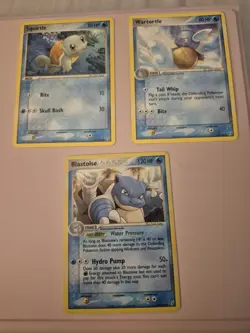 Squirtle 63/100, Wartortle 43/100, & Holo Blastoise 14/100 Pokemon Cards - Image 1
